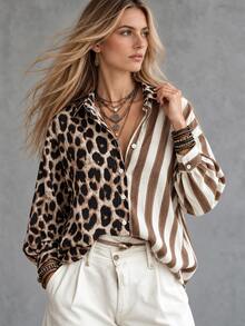 Trelyra Women's New Autumn/Winter Leopard Print Patchwork Striped Button-Down Long Sleeve Shirt - Khaki - View 4