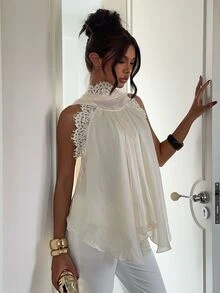 Aloruh 女款蕾絲拼接百褶休閒百搭掛脖上衣 - 杏色 - 查看 6