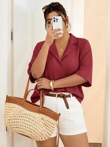 Lounesse 女款大尺碼棕色日常通勤時尚短袖襯衫，百搭秋季辦公室通勤休閒優雅上衣 - 紅木色 - 查看 4