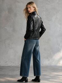 Trelyra European And American Style Autumn/Winter New Fashion Versatile PU Leather Elegant Commuter Metal Zipper & Embroidery Decor Design Leather Jacket - Black - View 9