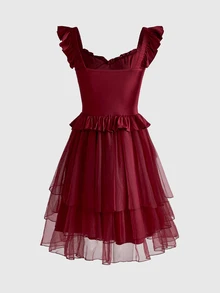 Sweetness Women's Burgundy Elegant Mesh Mini Dress For Party, Cocktail, Afternoon Tea, Graduation, Birthday, Christmas - Burgundy - View 2