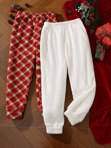 EverLounge 2pcs Men's Autumn/Winter Minimalist Basic Fit Red Christmas Plaid Print & Cream White Lounge Pants - Multicolor - View 2