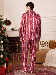 CoupledUp Christmas Couple Men's Bowknot Print Single-Breasted Top And Pants Loungewear Set - Multicolor - View 3