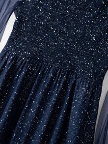 GlowEve CURVE Women's Ruched Shiny Elegant Long Sleeve Dress - Navy Blue - View 8