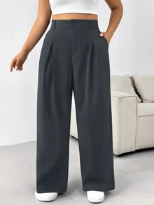 SHEIN PETITE CURVE 大尺碼灰色優雅商務休閒正式寬腿長褲 素色鈕扣西裝褲 秋季婚禮教師活動畢業典禮會議辦公室穿搭 - 深灰色 - 查看 4
