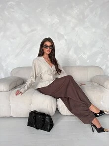 Aloruh Women's Textured Button Ruched Waist Long Sleeve Blouse,Khaki Shirt,Going Out Tops,Basic Blouses,Social Blouse,Office Outfits,Work,Y2K,Autumn/Winter - Light Grey - View 7