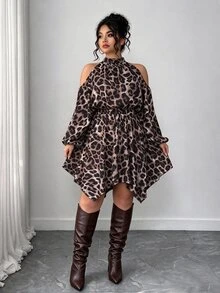 Elenzga 大尺碼女款棕色秋季優雅晚宴洋裝，純色露肩掛脖燈籠長袖彈性腰不對稱下擺抓褶設計 - 彩色 - 查看 5