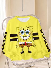 SpongeBob SquarePants | SHEIN 大尺碼圓領卡通印花休閒日常長袖運動衫 - 白色 - 查看 1