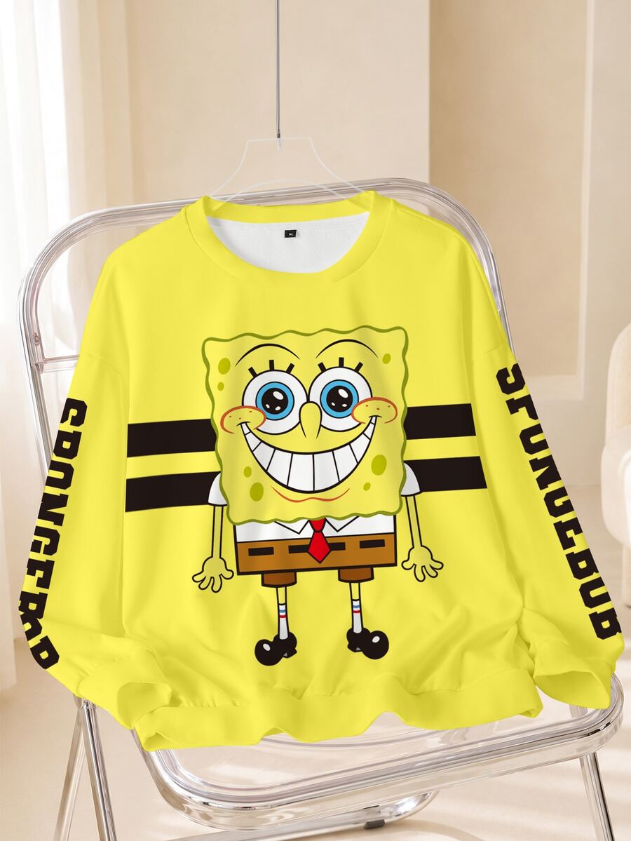 SpongeBob SquarePants | SHEIN 大尺碼圓領卡通印花休閒日常長袖運動衫 - 白色 - 查看 1
