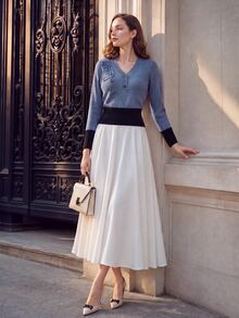 SHEIN PariChic Colorblock Heavy Embroidery Hand-Knitted Long Sleeve Sweater - Aqua Blue - View 5