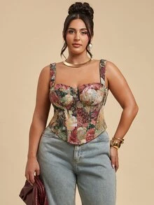 SHEIN BAE CURVE 大尺碼女款緹花性感百搭休閒上衣，女款大尺碼花卉掛毯甜心領束腰上衣，時尚，聖誕節，雞尾酒會，生日 - 彩色 - 查看 1