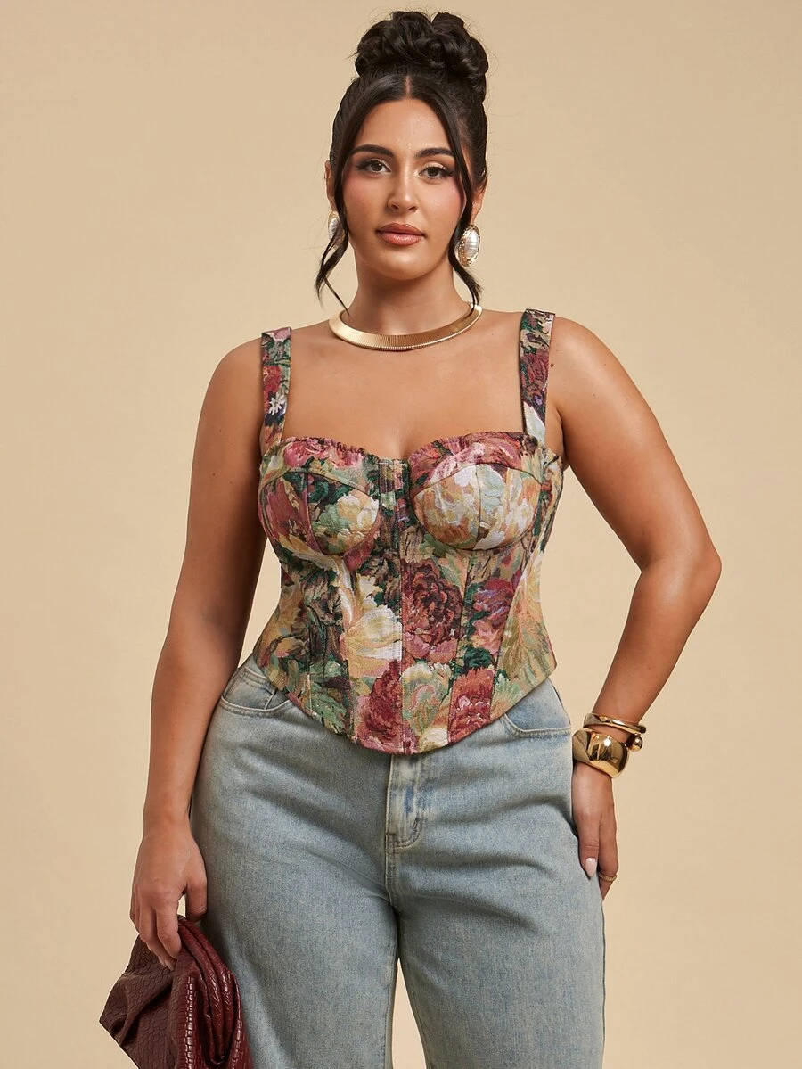 SHEIN BAE CURVE 大尺碼女款緹花性感百搭休閒上衣,女款大尺碼花卉掛毯甜心領束腰上衣,時尚,聖誕節,雞尾酒會,生日 - 彩色 - 查看 1