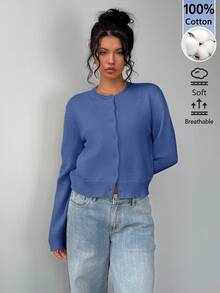 SHEIN BASICS 女款純色單排扣休閒百搭長袖開襟衫，適合日常外出、商務辦公、早午餐，米白色，秋季教師節 - 霧霾藍 - 查看 3