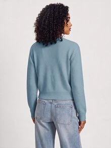 SHEIN BASICS 女款復古休閒純色單排扣長袖針織開襟衫 適合辦公、日常、校園、商務場合 橄欖綠 秋冬款 - 霧霾藍 - 查看 5