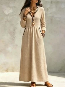 Zayélia Women Contrast Trim VNeck Ribbed Knit Maxi Dress, Long Sleeve High Waist Pleated Modest Long Dress With Pockets - Multicolor - View 6