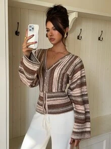 Siren Gaze 女款彩色條紋鈕扣修身針織開襟衫，百搭日常長袖毛衣，棕色條紋秋季復古休閒舒適街頭風，新年女款冬季毛衣 - 彩色 - 查看 6
