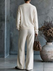 Omancia Elegant Ru Yi Button Long Sleeve Design Women's Sweater 2 Pieces Set - Apricot - View 2