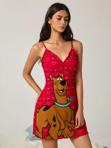 SCOOBY-DOO X SHEIN Women's Cartoon Print Spaghetti Strap Nightgown - Red - View 3