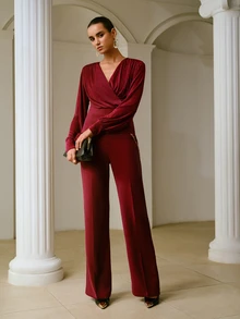 ZEYLAH Women's Elegant Beaded Pocket Straight Leg Suit Pants - Burgundy - View 6