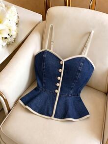 GlowEve Women's Button Ruffle Hem Camisole Denim Top - Blue - View 1