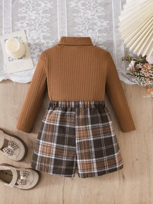 SHEIN 女嬰純色長袖T恤與格紋裙休閒套裝 - 彩色 - 查看 2