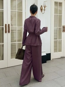 Livesso Women's Solid Color Waist Knot Long Sleeve Jacket And Pants Elegant French 2 Pieces Set Office Brunch Dark Purple Fall - Purple - View 2