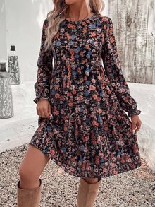 SHEIN VCAY Casual Minimalist Ditsy Floral Pattern Loose Fit Plus Size Round Neck Dress, Suitable For Autumn/Winter - Multicolor - View 5