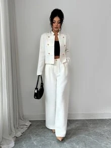 Rafferiza Women's Napoleon Style Coarse Wool Blend Luxury Metal Button Long Sleeve Jacket And Straight Leg Pants 2 Pieces Set, Cream White - Beige - View 5