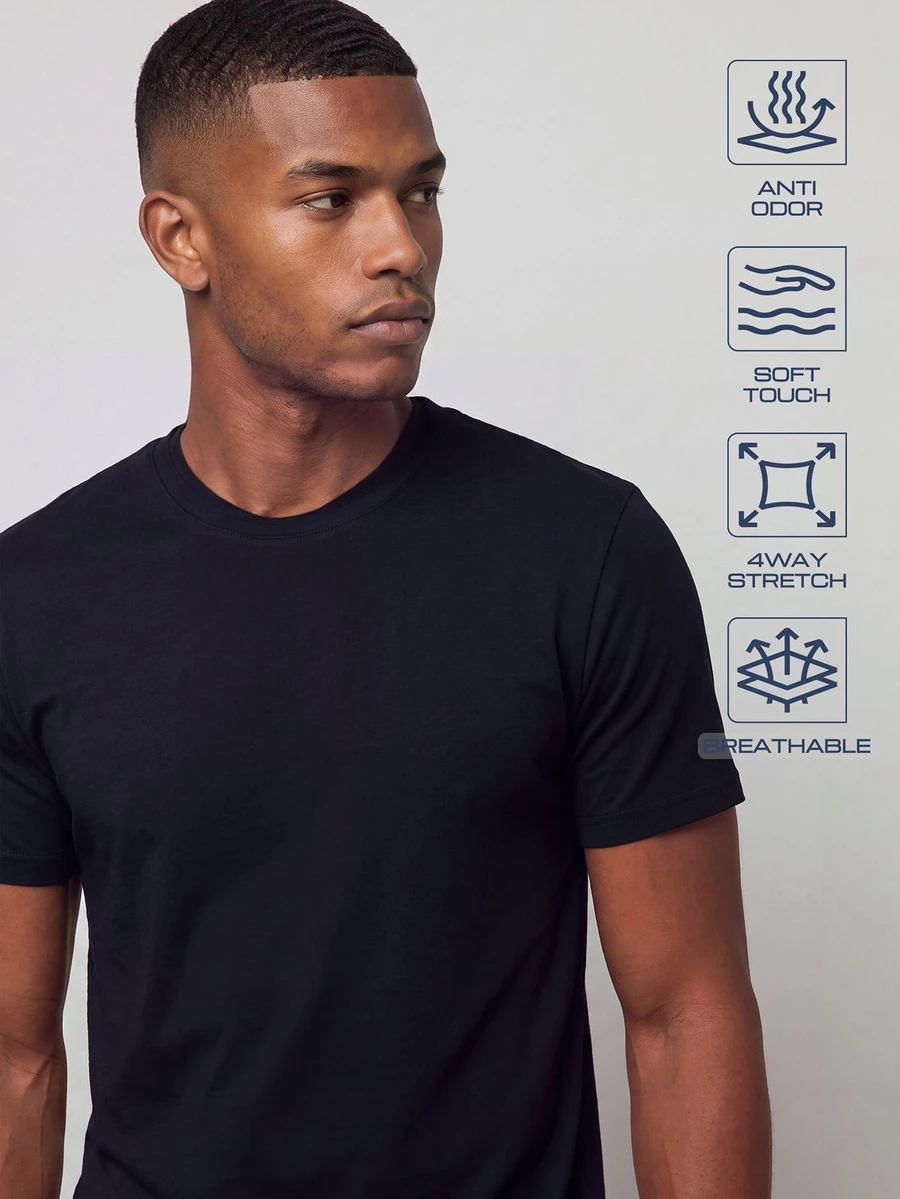 TekDrob Anti-Odor & 4-Way Stretch Modal T-Shirt With Crew-Neck And Overlapped Neckline - Black - View 1