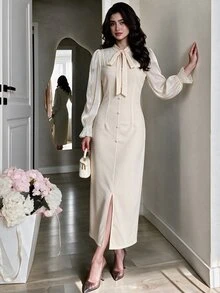 Modelyn Women's Elegant Stand Collar Bowknot Design Front Pleated Patchwork Hem Slit Fitted Bodycon Long Sleeve Dress For Office, Daily, Date Wear, Autumn - Apricot - View 3