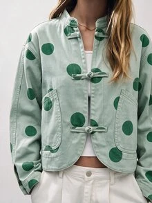Nöista Oversized Cropped Jacket With Chinese Buttons, Casual Fall Jacket For Women, Layering Piece, Smart Casual Cozy - Green - View 4