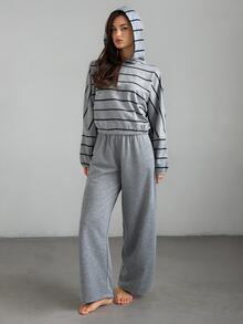 DAZY Women's Striped Long Sleeve Hooded Top And Pants Casual Pajama Set - Grey - View 5