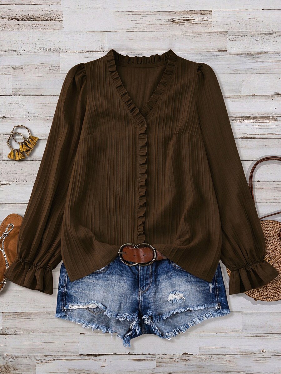 Linhara Plus Size Women's Polka Dot Basic Casual Long Sleeve V-Neck Blouse Fall - Brown - View 1