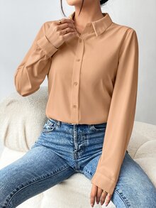 Structelle 女款純色前開鈕扣長袖襯衫，秋季長袖上衣 - 卡其色 - 查看 6
