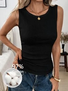 SHEIN LUNE 女款休閒秋冬棉質背心內搭上衣，旅行基礎上班穿搭可愛上衣，返校季適用 - 黑色 - 查看 3