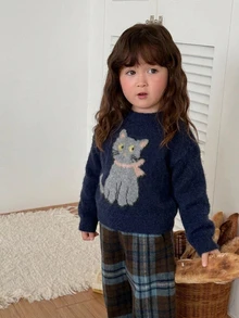 DAZY 嬰兒女童圓領卡通長袖秋冬毛衣幼兒 - 寶藍色 - 查看 4