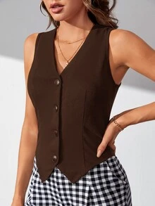SHEIN Tall 秋冬款高個女款純色鈕扣前襟背心西裝外套 - 咖啡棕 - 查看 5