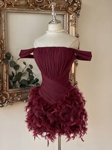 Lovelzi Burgundy Sequin Embroidered Mesh Patchwork Feather Decor Wide Shoulder Strap Spaghetti Ruched Bodycon Short Dress New Year Christmas Party Fall - Burgundy - View 5