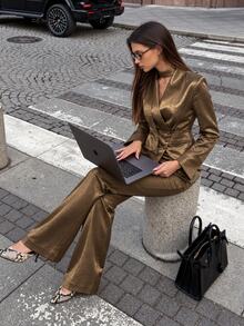 INAWLY Solva Women's Premium Satin Texture Set, V-Neck Long Sleeve Top With Ribbon Tie And High-Waisted Slim Fit Pants, Asymmetrical Button Waist Design, Elegant And Flattering, Suitable For Commuting, Office, Dating And Formal Occasions - Olive Green - View 6