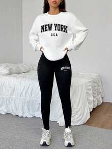 SHEIN EZwear 休閒極簡鬆款圓領衛衣與緊身內搭褲 2 件套，附紐約英文印花圖案 - 彩色 - 查看 1