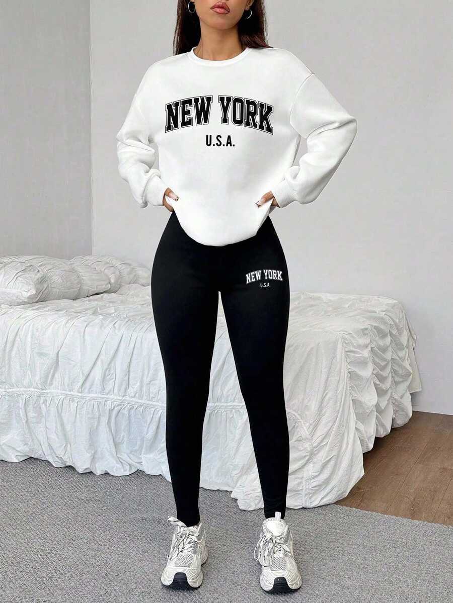 SHEIN EZwear 休閒極簡鬆款圓領衛衣與緊身內搭褲 2 件套,附紐約英文印花圖案 - 彩色 - 查看 1