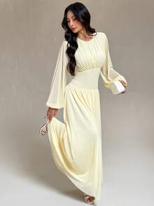 SHEIN PETITE Elegant Pale Yellow Mesh Dress For Petite Women-Perfect For Romantic Dates And Parties. - Light Yellow - View 3