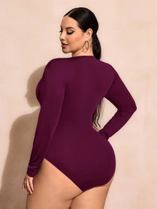 SHEIN SXY 大尺碼女款純色休閒日常長袖緊身連身衣 - 中紫紅色 - 查看 2