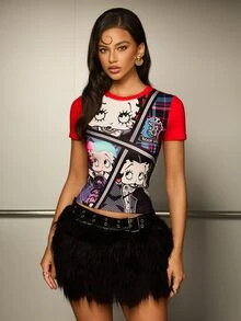 Betty Boop x SHEIN تي شيرت كاجوال بياقة دائرية وأكمام قصيرة للنساء - الأحمر - مشاهدة 6