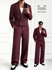 HUEFORM Men's Burgundy Peak Lapel Fashion Loose Wide Leg Suit Pants 2 Pieces Suit Set - Burgundy - View 4