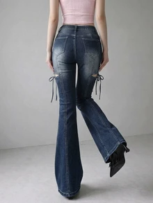 FRIFUL Quần jean denim nữ thường ngày phong cách casual có túi, cúc và thiết kế mài rách - Màu xanh lam - Xem 2