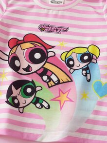 THE POWERPUFF GIRLS X SHEIN Baby Girl Striped Letter Cartoon Print Casual Daily Short Sleeve Top - Pink - View 5