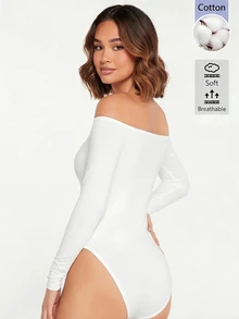 SHEIN BASICS 女款露肩長袖緊身連身衣 夜黑 秋季性感 秋冬款 - 白色 - 查看 2