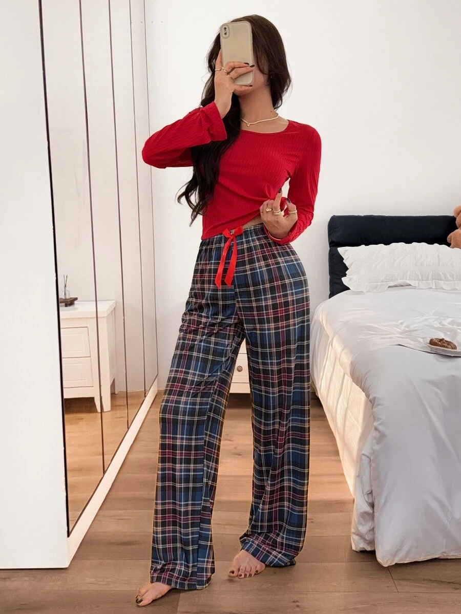 Napfluff Minimalist Contrast Color Ribbed Long Sleeve Top & Plaid Casual Pants Loungewear Pajama Set - Red - View 1