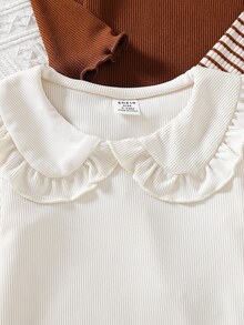 SHEIN 女嬰針織純色彼得潘領荷葉邊休閒可愛T恤上衣，適合秋冬穿著 - 白色 - 查看 3